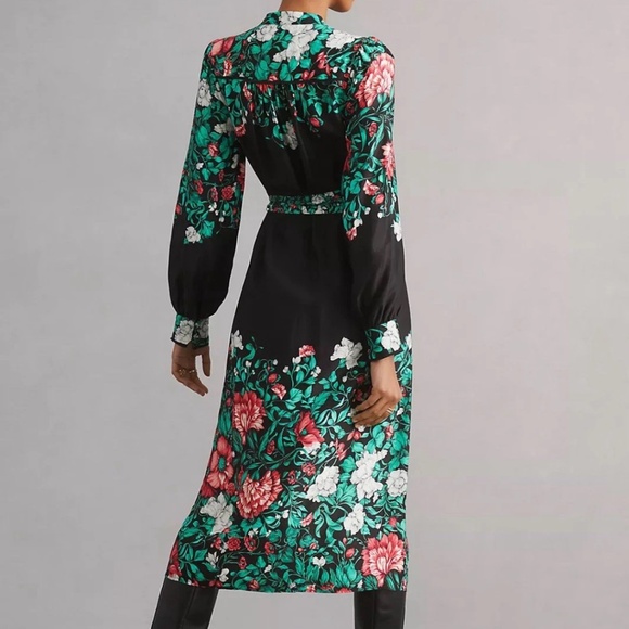 By Anthropologie Midi Shirt Dress size M Black Green Handkerchief Work Career - Picture 4 of 4